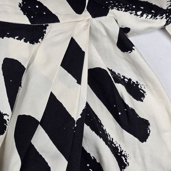 WHIT B&W Abstract Print Midi Dress XS Linen Silk Tie Waist Tulip Skirt BeachBoho - Picture 5 of 14
